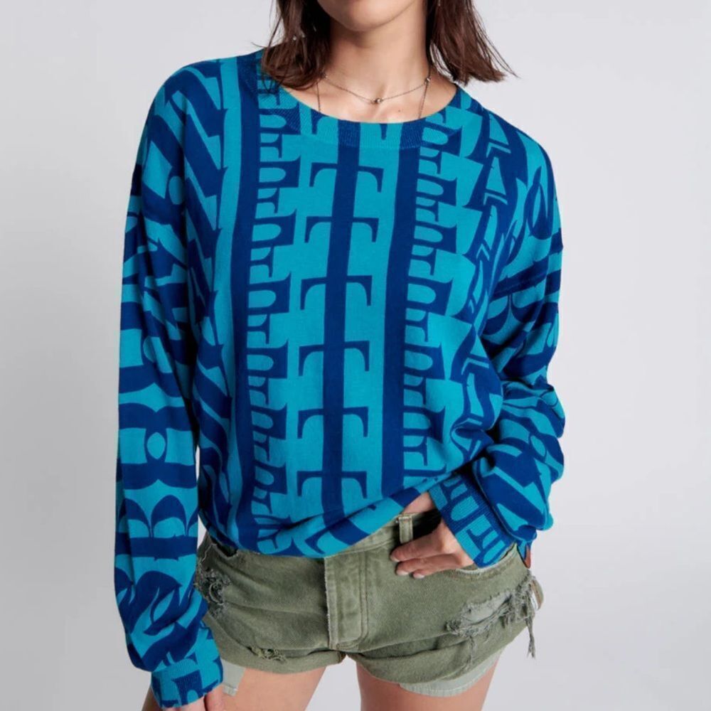 One Teaspoon Blue Long sleeve Printed Oversized Sweater(Size Medium)
